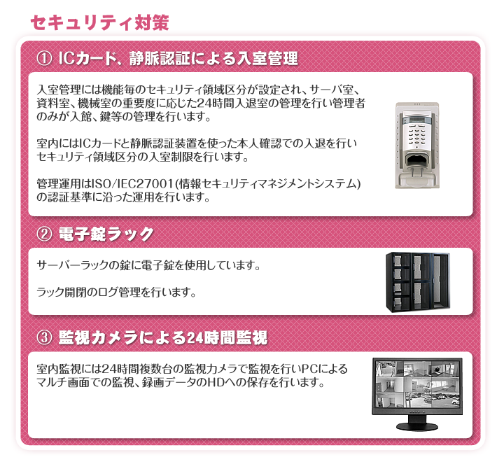 セキュリティ対策　(1)ICカード、静脈認証による入室管理　入室管理には機能毎のセキュリティ領域区分が設定され、サーバ室、資料室、機械室の重要度に応じた24時間入退室の管理を行い管理者のみが入館、鍵等の管理を行います。　室内にはICカードと静脈認証装置を使った本人確認での入退を行いセキュリティ領域区分の入室制限を行います。　管理運用はISO/IEC27001（情報セキュリティマネジメントシステム）の認証基準に沿った運用を行います。　(2)電子錠ラック　サーバラックの錠に電子錠を使用しています。　ラック開閉のログ管理を行います。　(3)監視カメラによる24時間監視　室内監視には24時間複数台の監視カメラで監視を行いPCによるマルチ画面での監視、録画データのHDへの保存を行います。